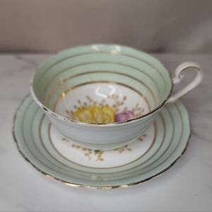 Vintage C&E Victoria Bone China Teacup - Mint Green & Gold Stripe
